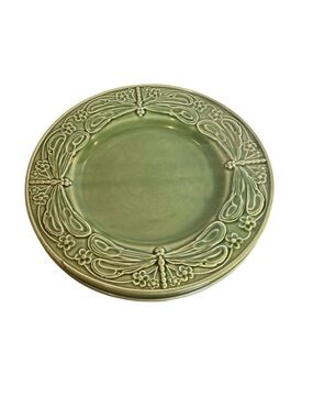 Vintage Cost Plus World Market Set 4 Plates Sage Green Dragonfly Cabbage Ware
